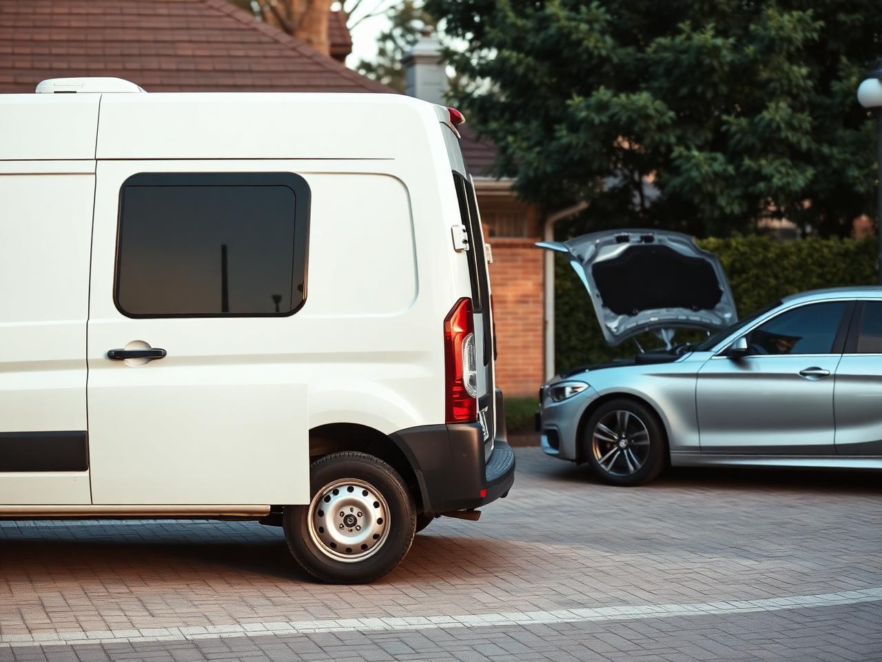 Mobile mechanic van parked in a driveway next to a car with its hood open